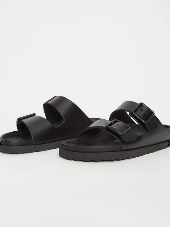 Birkenstock Shoes - Birkenstock Arizona Black Leather Two-Strap Slide Sandals